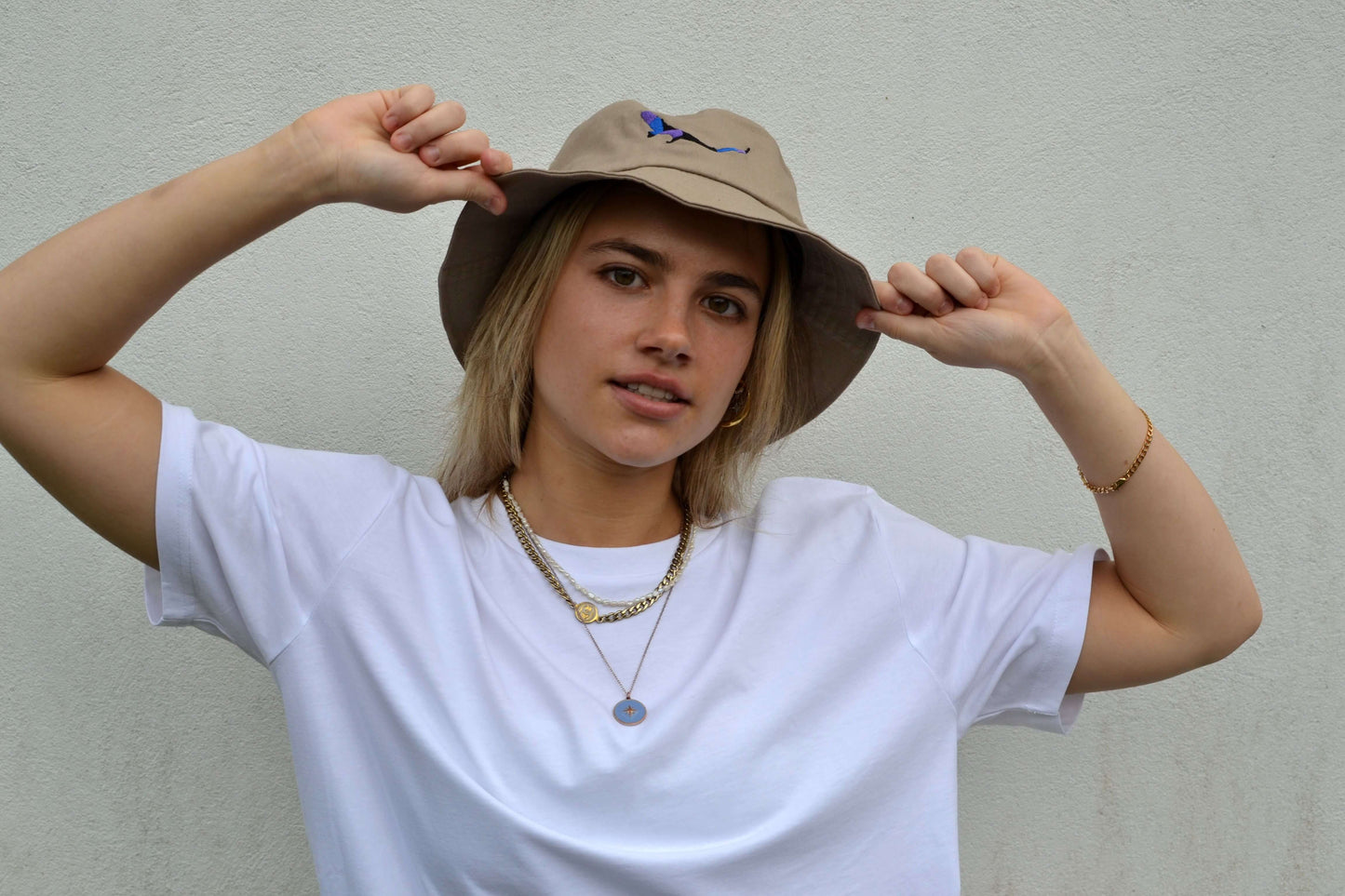Beware Of The Coconut Organic White Tee with Khaki SUBTROPIC bucket hat