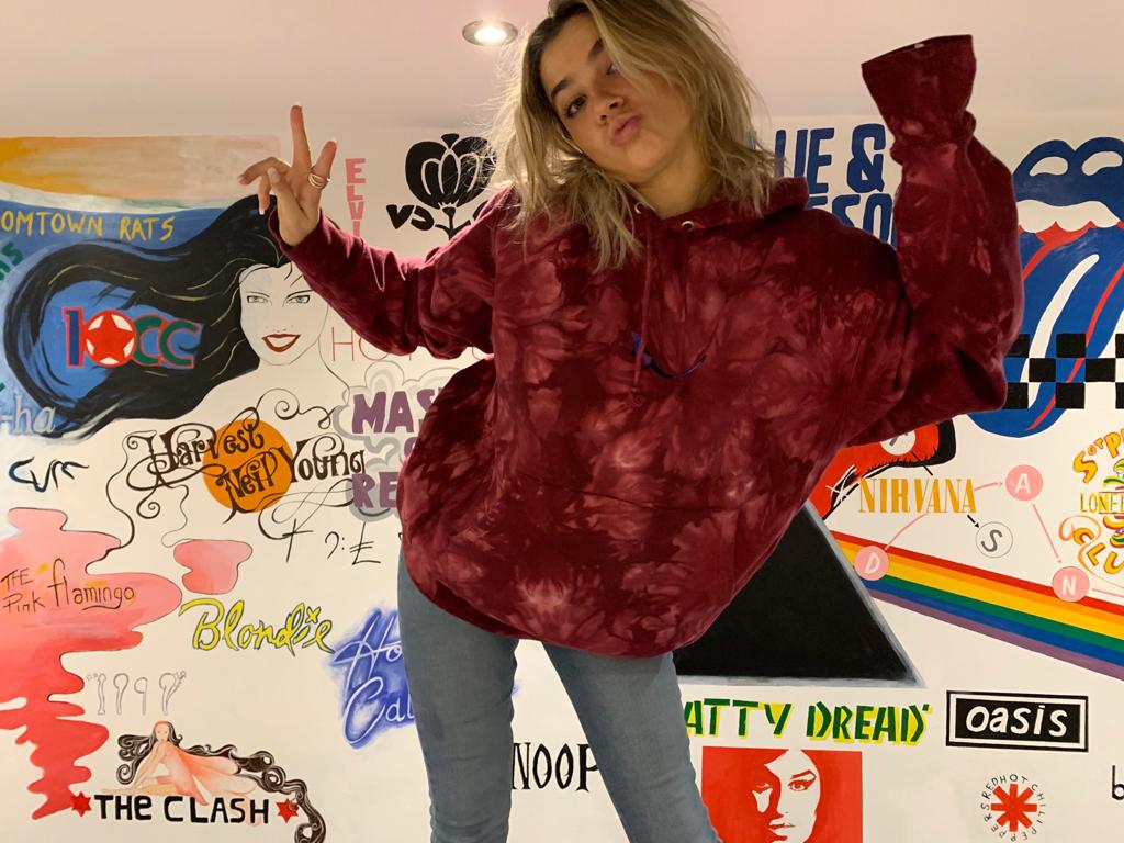 SUBTROPIC X Champion Tie-Dye Red Hoodie worn by model 7