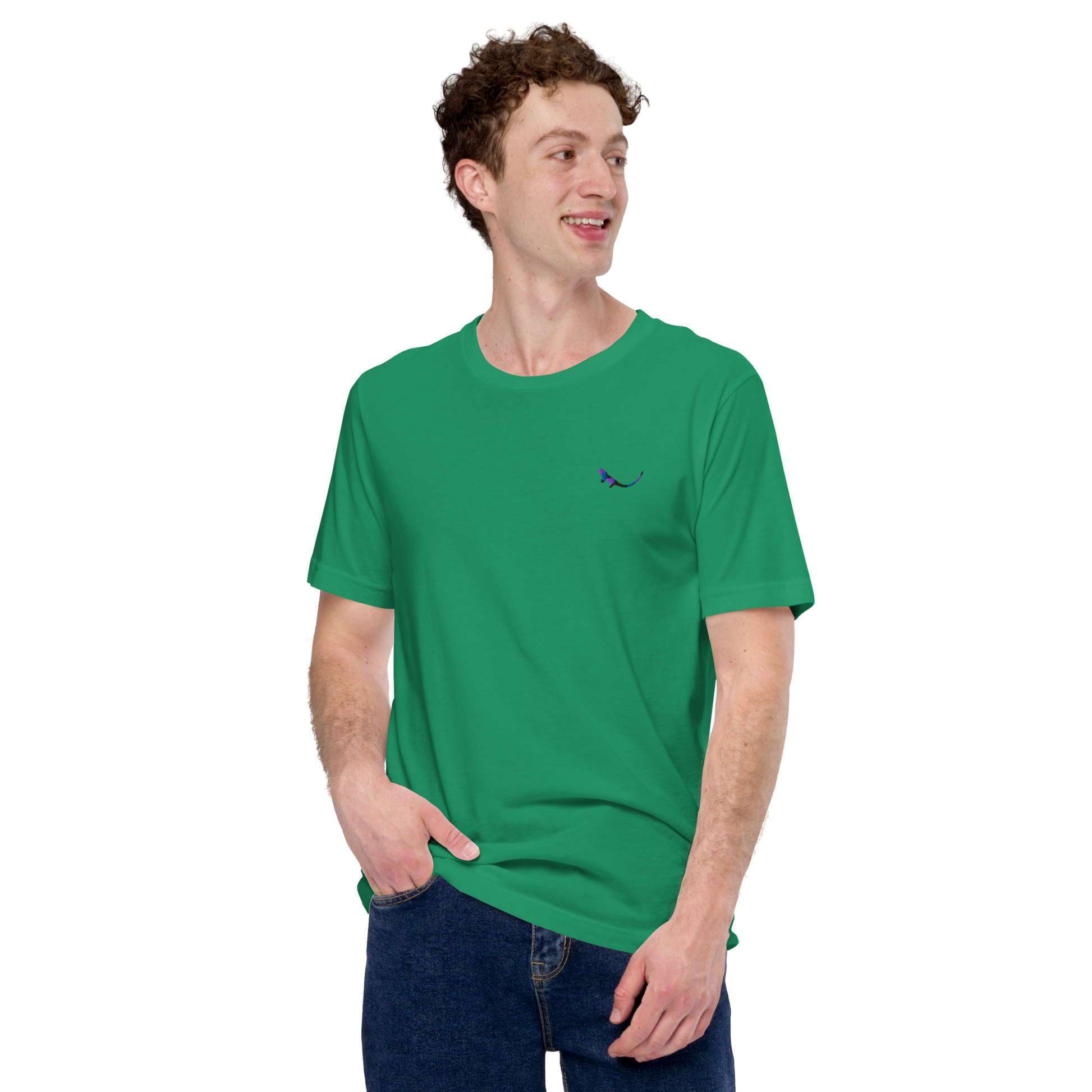 Model wearing THE SUBTROPIC Global Tee in green, showcasing its vibrant color and comfy fit.