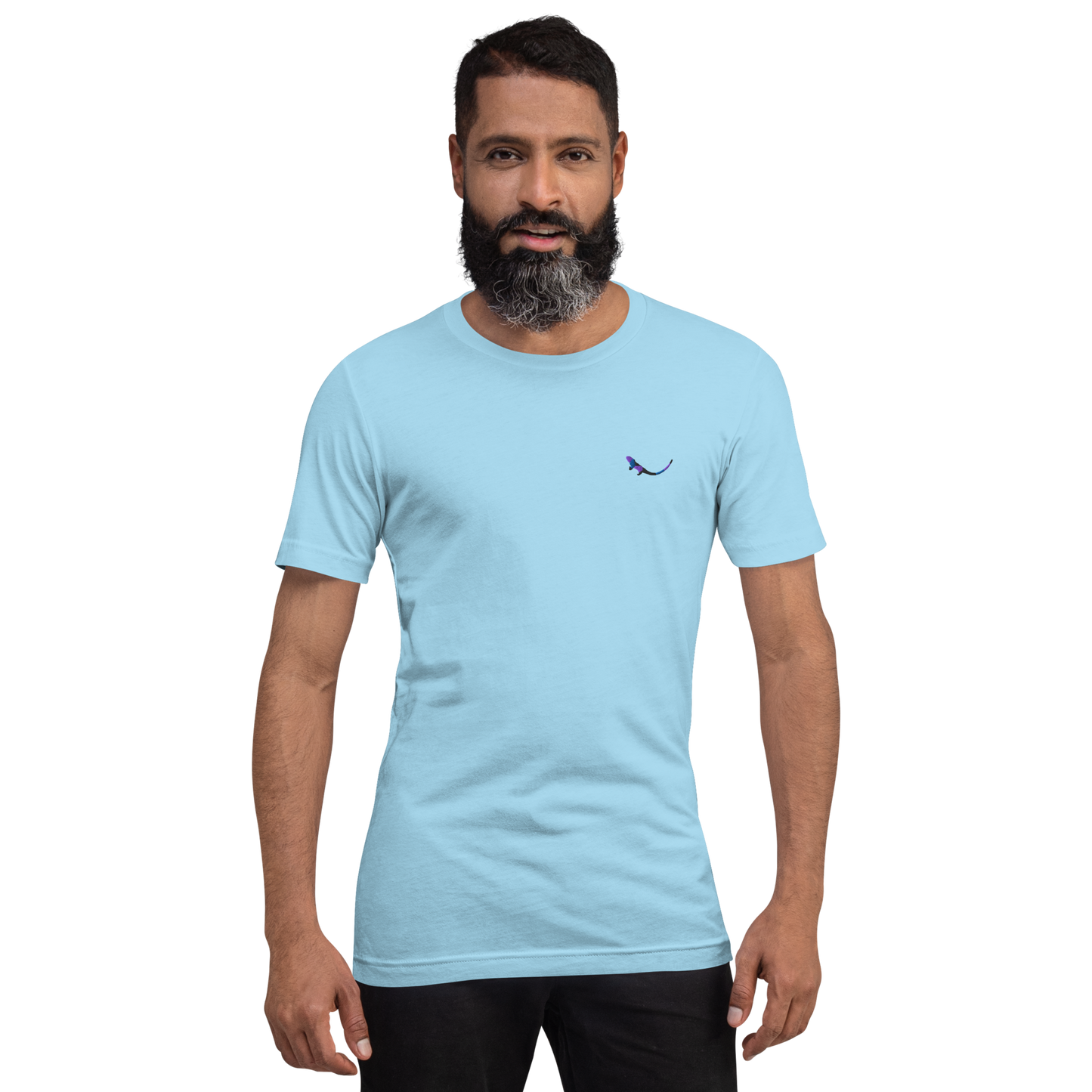 A man wearing THE SUBTROPIC Global Tee in Ocean Blue with embroidered logo.