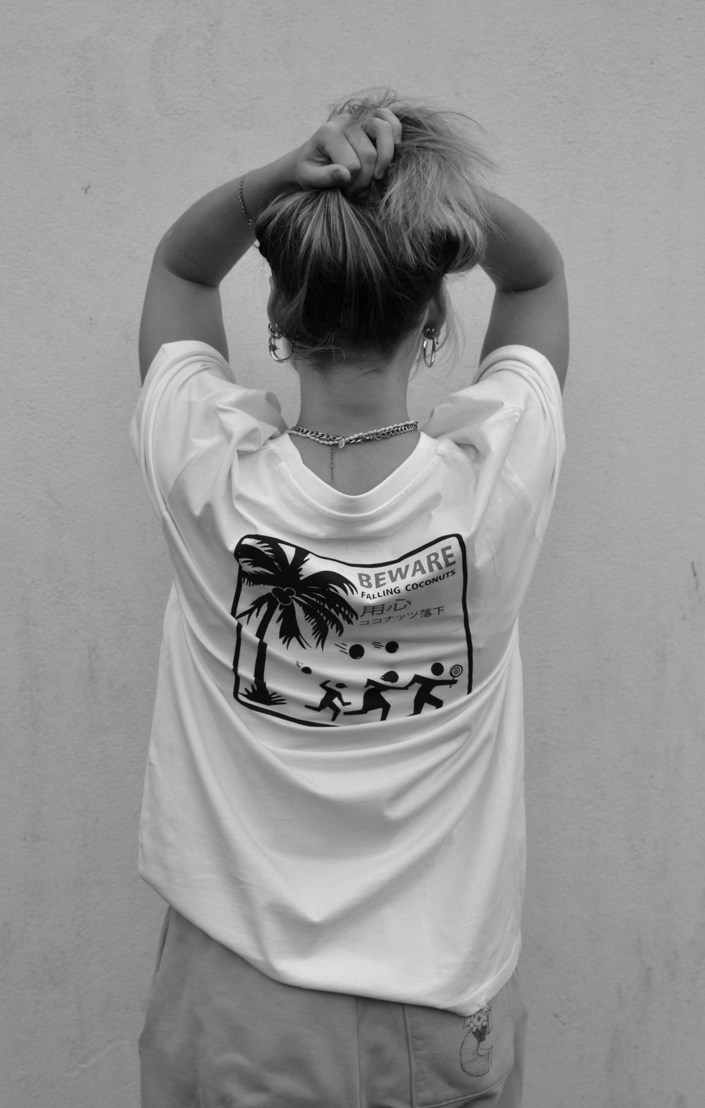 Beware Of The Coconut Organic White Tee Back Shot in B&W