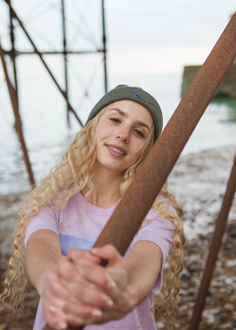 Angelica wearing Forest Beanie & Amethyst Wave Lilac Tee 2