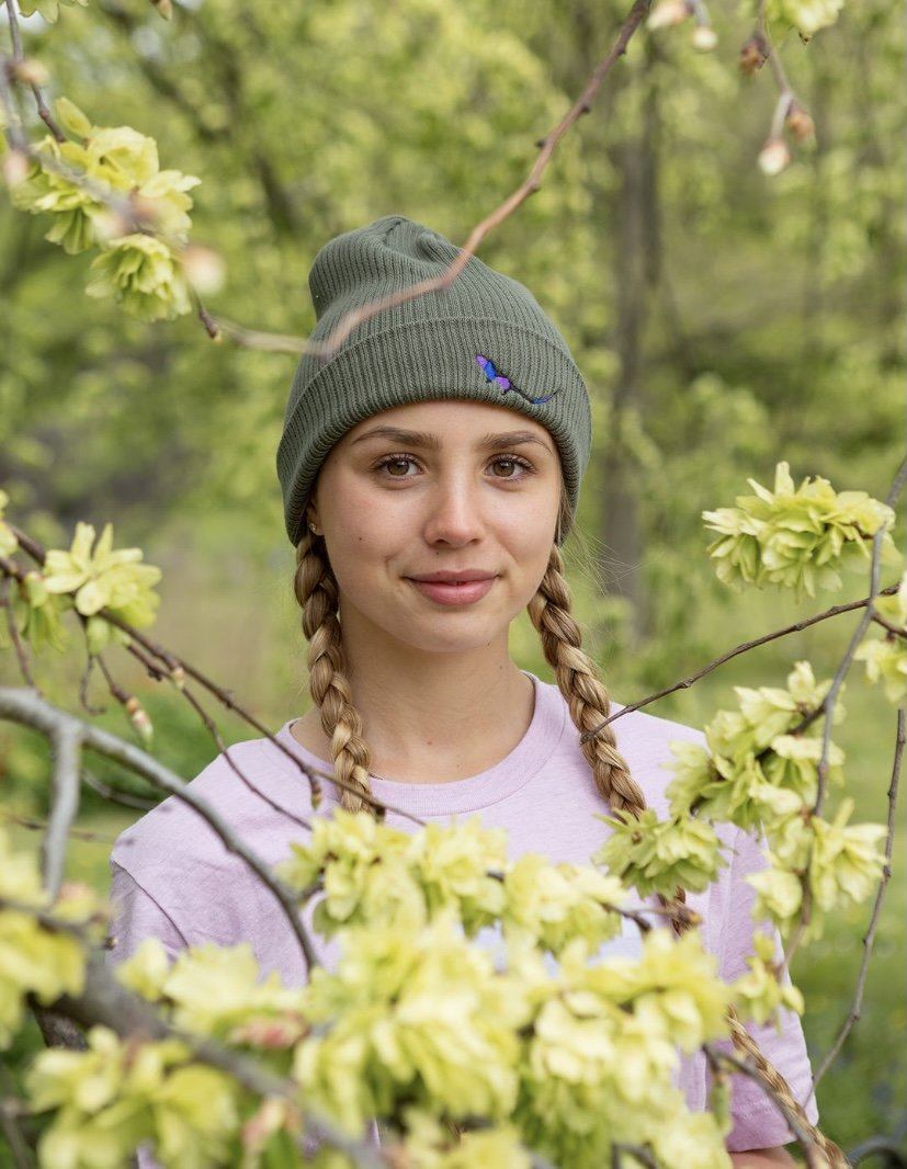 Angelica wearing Forest Beanie & Amethyst Wave Lilac Tee 1