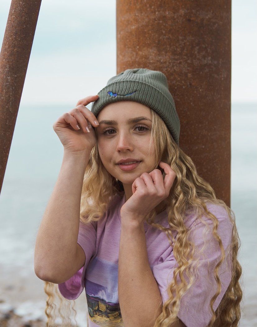 Angelica wearing Forest Beanie & Amethyst Wave Lilac Tee 1