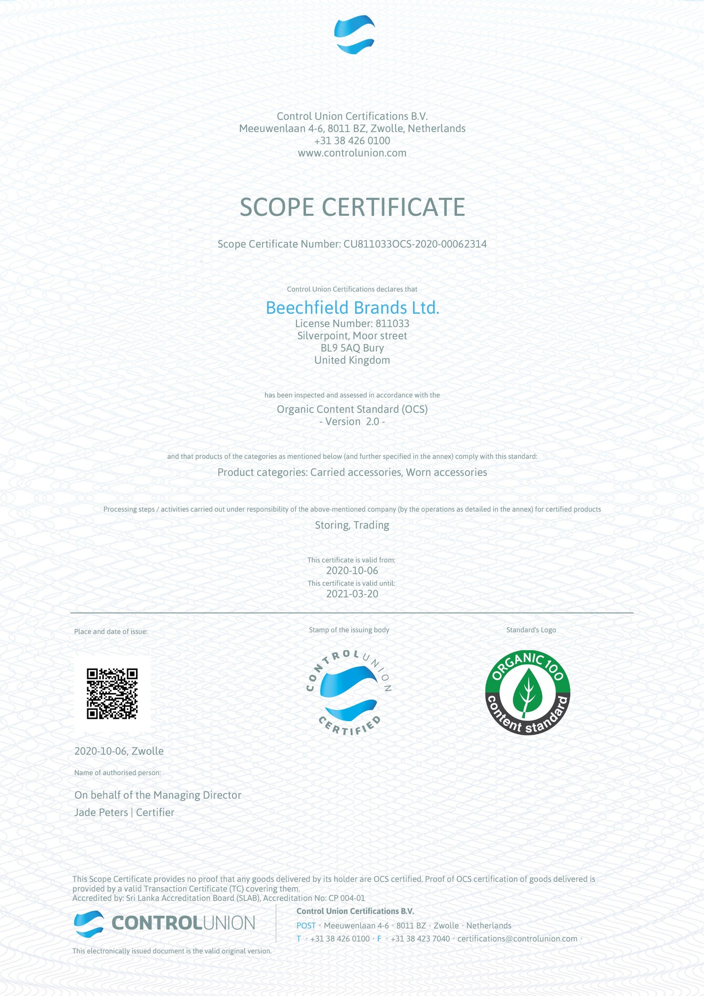 Navy Organic Eco-Beanie OCS Certificate