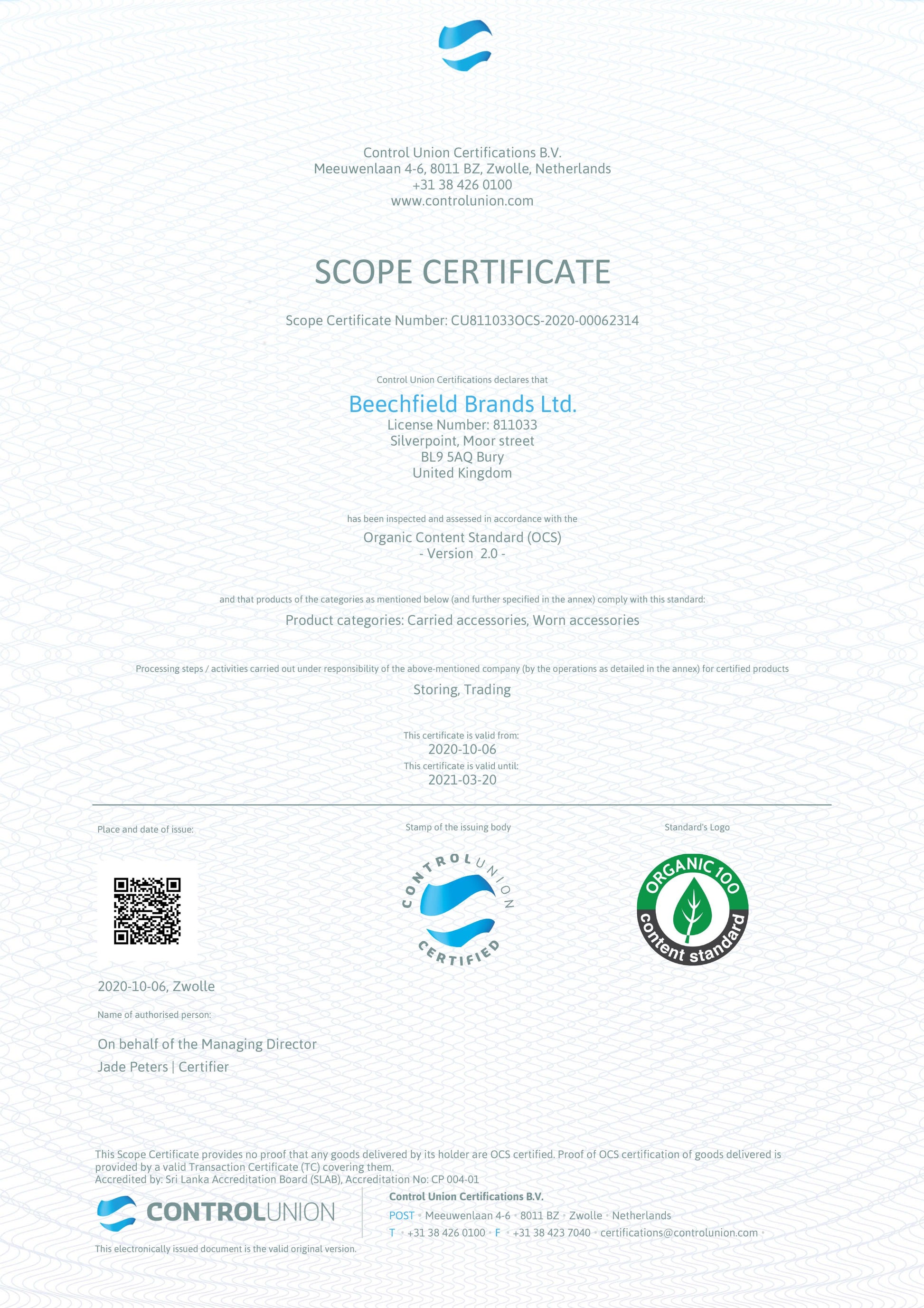 Sand Organic Eco-Beanie OCS Certificate