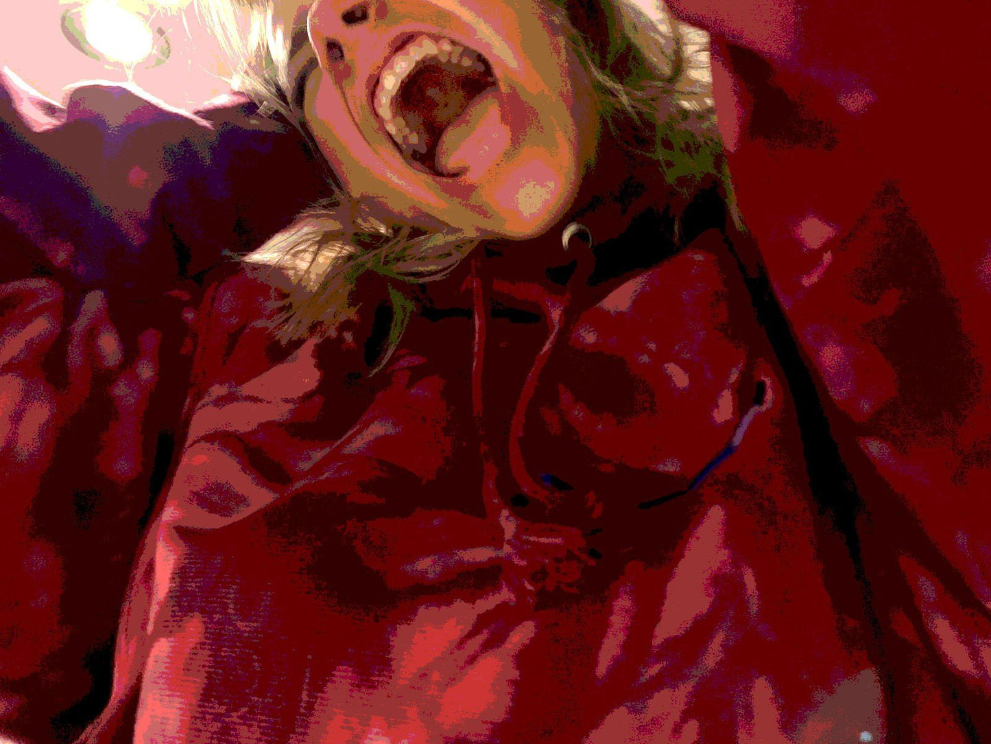 SUBTROPIC X Champion Tie-Dye Red Hoodie worn by model 2