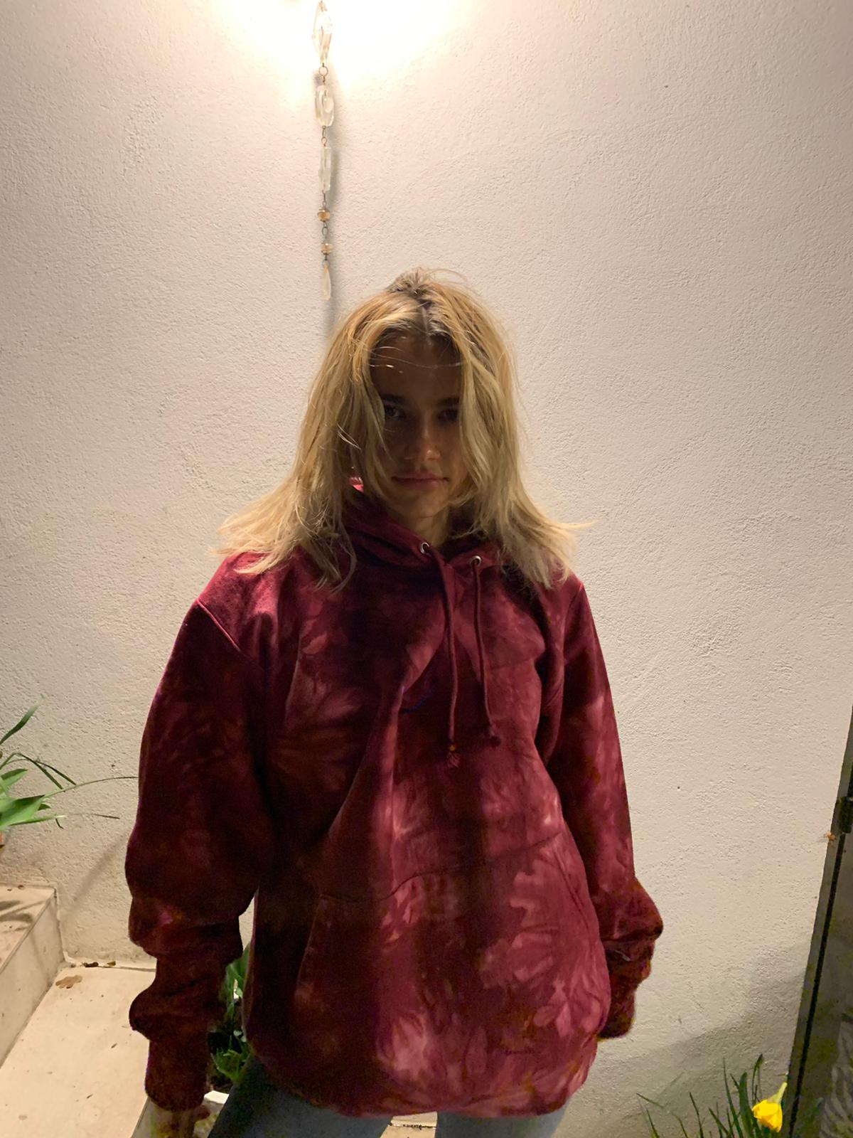 SUBTROPIC X Champion Tie-Dye Red Hoodie worn by model 4