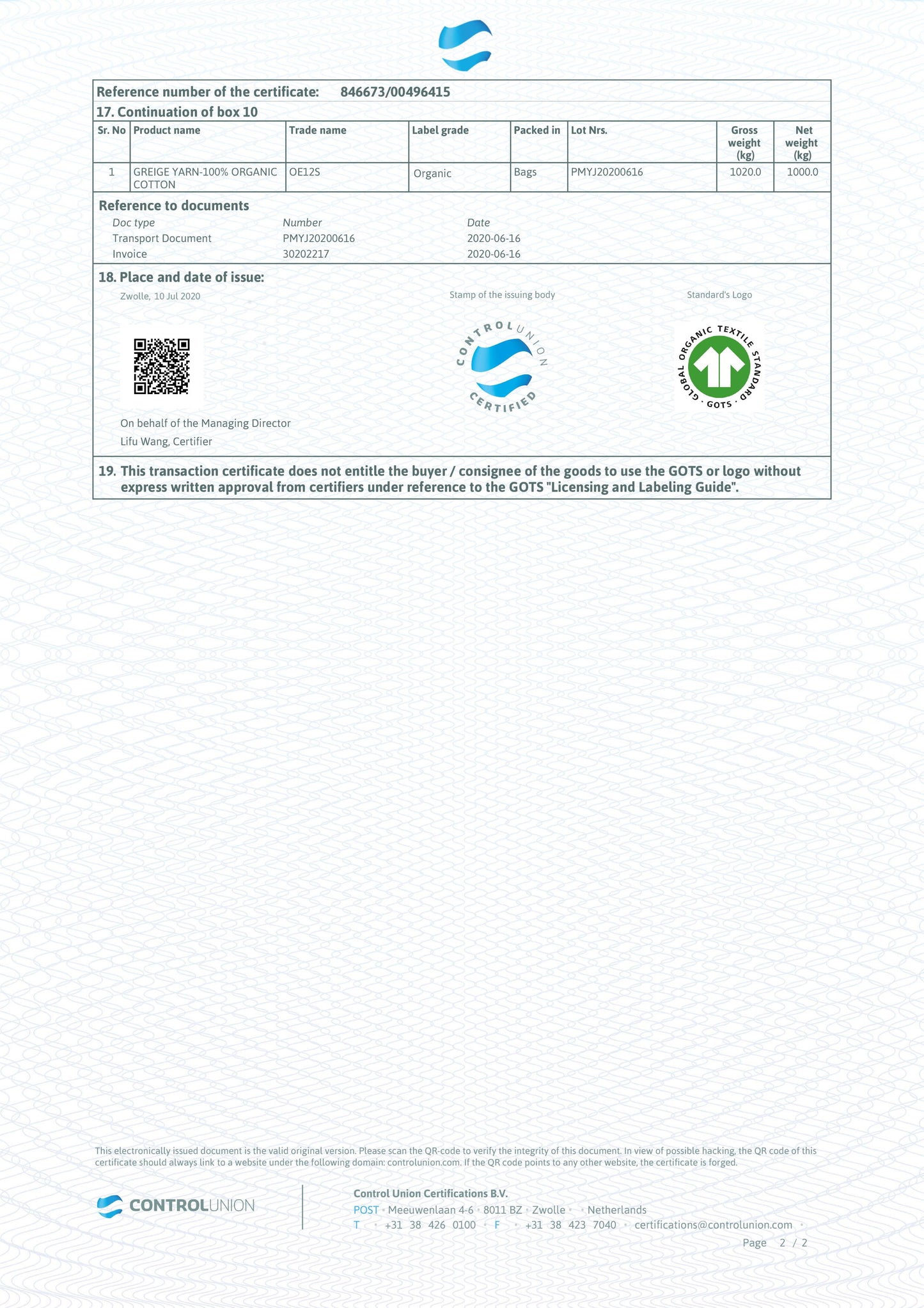 Symmetree Organic Tote Bag GOTS certificate
