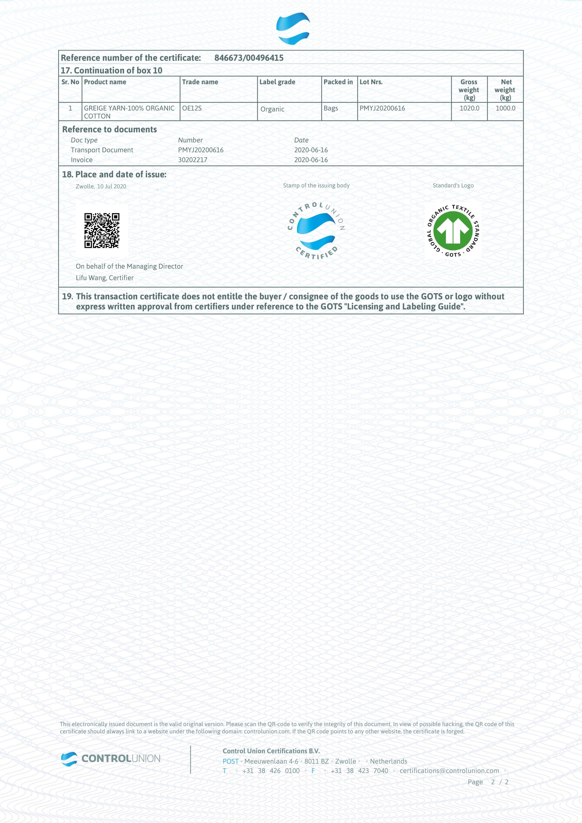 Symmetree Organic Tote Bag GOTS certificate