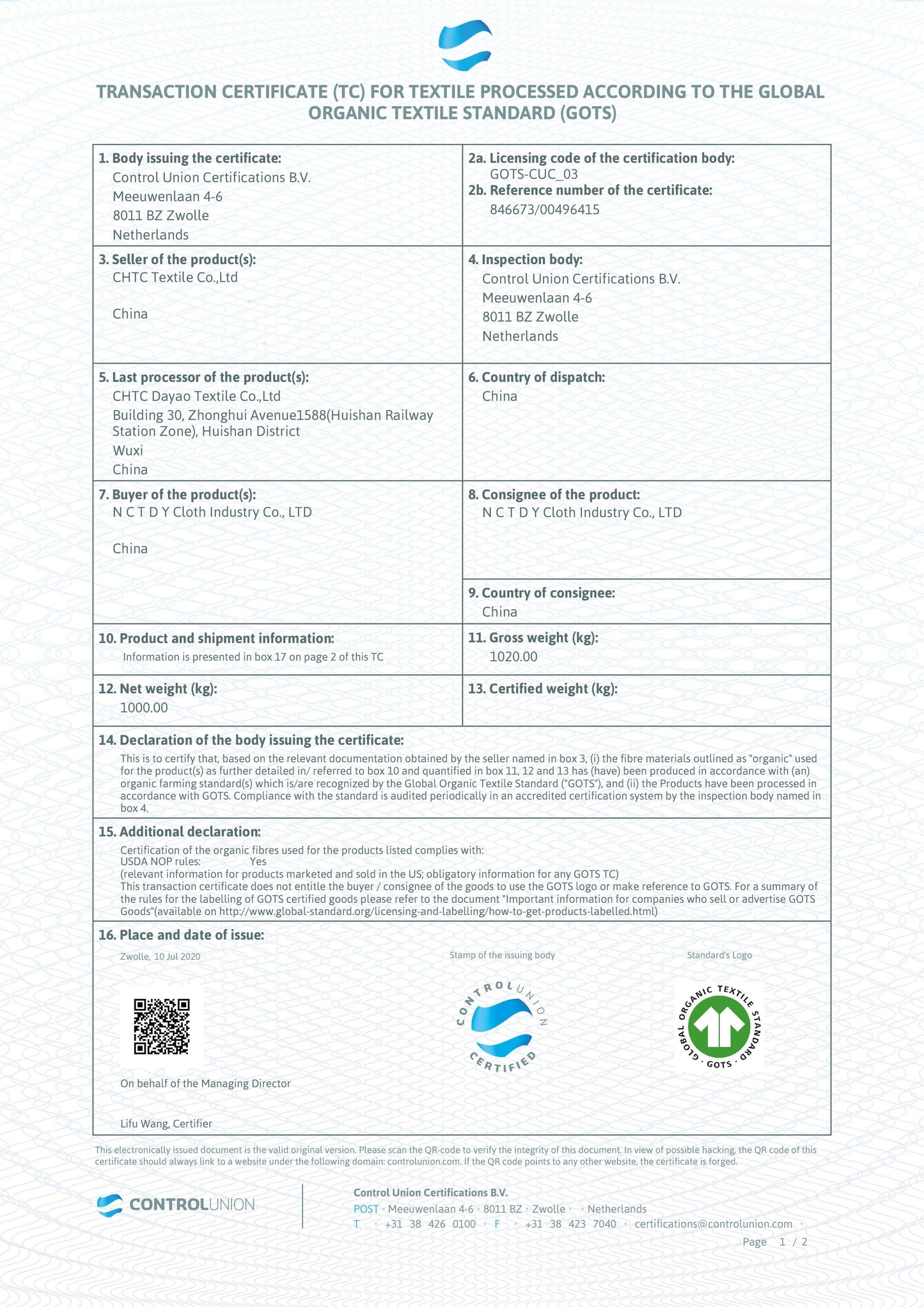 Symmetree Organic Tote Bag GOTS certificate