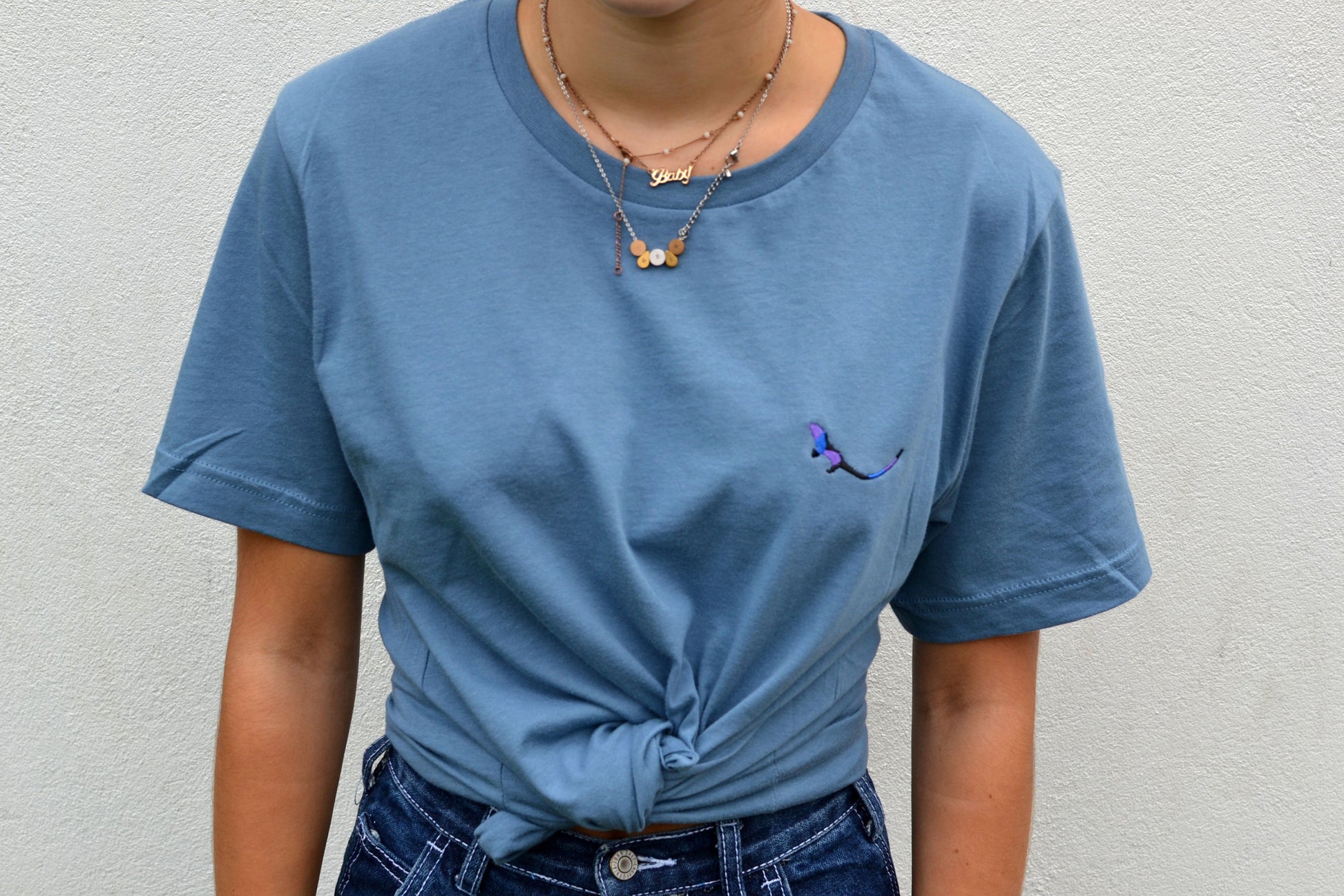 Closeup of Steel Blue Essential Organic Tshirt model