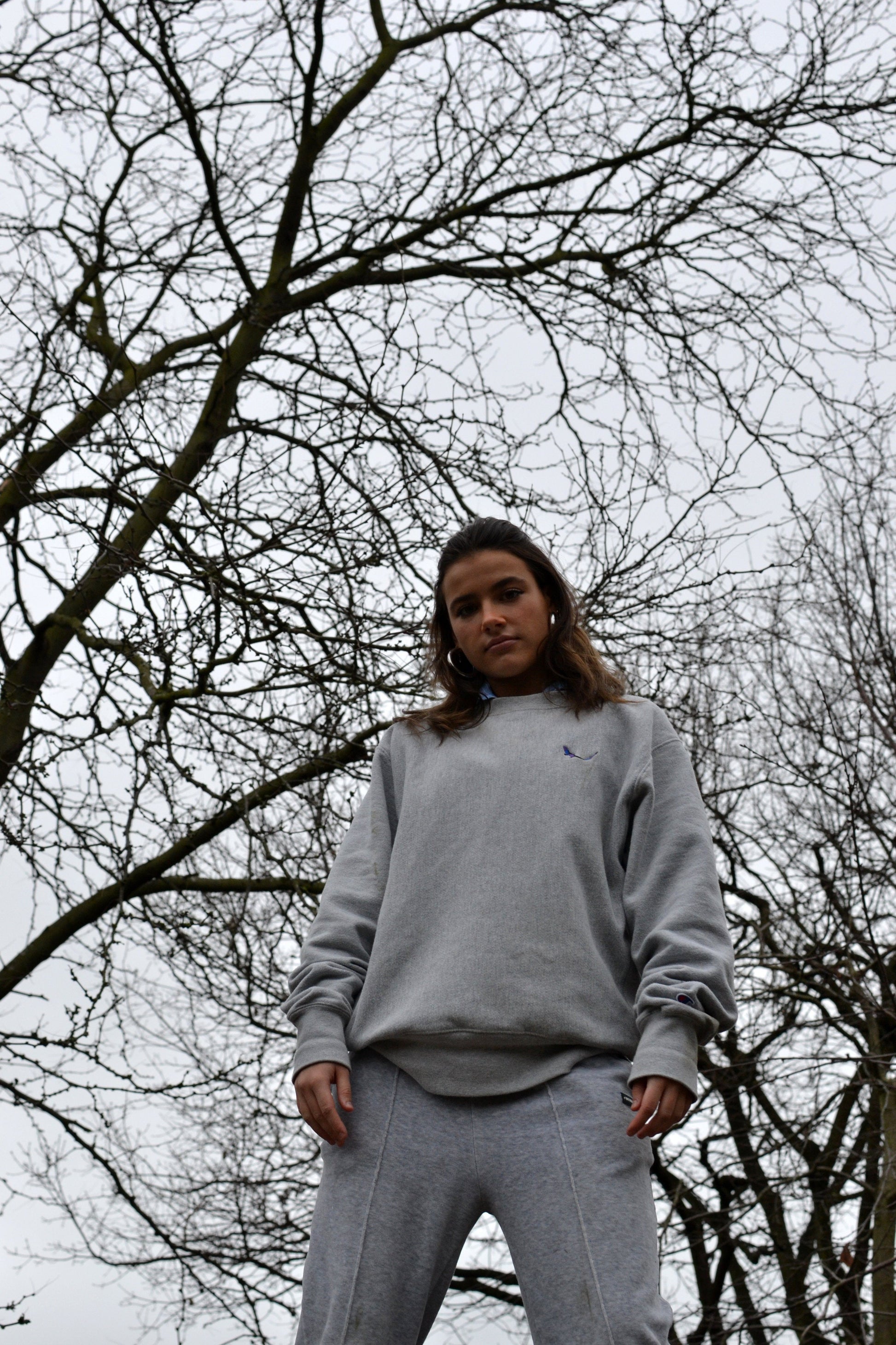 THE SUBTROPICHAMPION Ash Sweatshirt female shot by trees